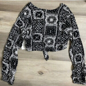 BP Long Sleeve Button Down Paisley Bandana Print Tie Front Cropped Top NWT S